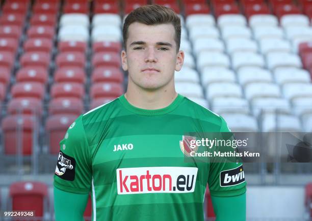 Tim Stawecki poses during the FC Energie Cottbus team presentation at Stadion der Freundschaft on July 4, 2018 in Cottbus, Germany.