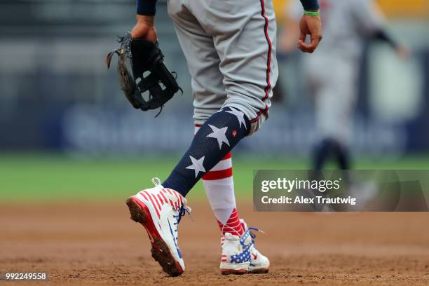 Detail view of the cleats and socks of Johan Camargo of the Atlanta Braves during a game against the New York Yankees at Yankee Stadium on Wednesday,...