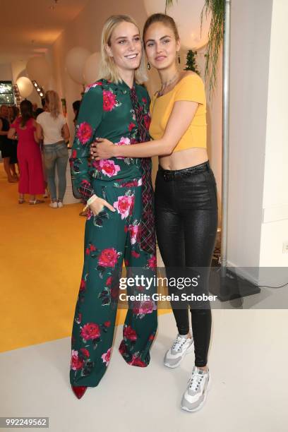Kim Hnizdo and Elena Carriere , GNTM, attend The Fashion Hub during the Berlin Fashion Week Spring/Summer 2019 at Ellington Hotel on July 5, 2018 in...