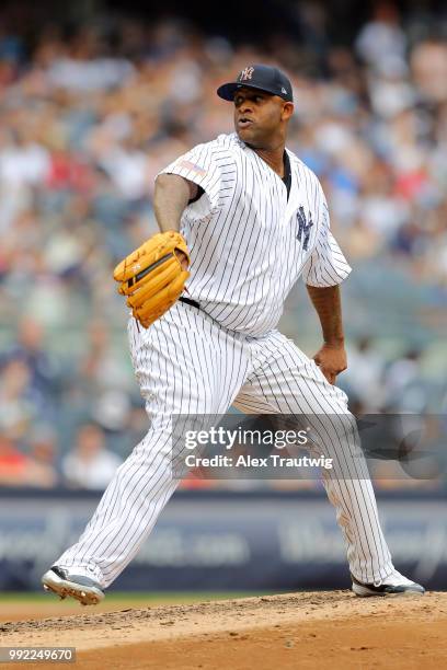 Sabathia of the New York Yankees pitches during a game against the Atlanta Braves at Yankee Stadium on Wednesday, July 4, 2018 in the Bronx borough...