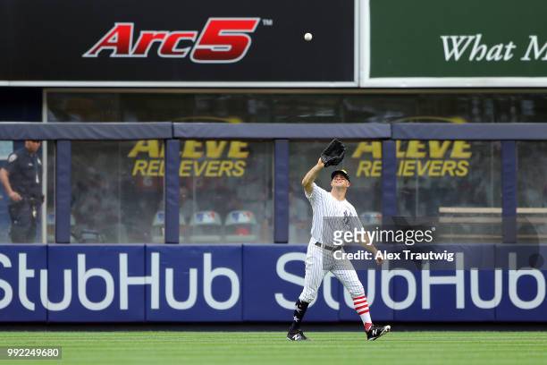 Brett Gardner of the New York Yankees makes a catch during a game against the Atlanta Braves at Yankee Stadium on Wednesday, July 4, 2018 in the...