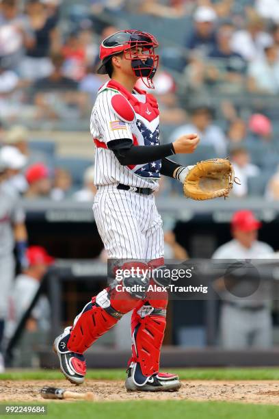 Kyle Higashioka of the New York Yankees looks on during a game against the Atlanta Braves at Yankee Stadium on Wednesday, July 4, 2018 in the Bronx...