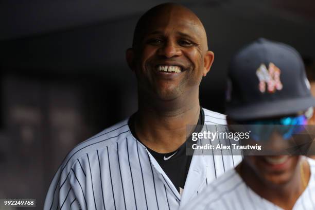 Sabathia of the New York Yankees looks on from the dugout during a game against the Atlanta Braves at Yankee Stadium on Wednesday, July 4, 2018 in...