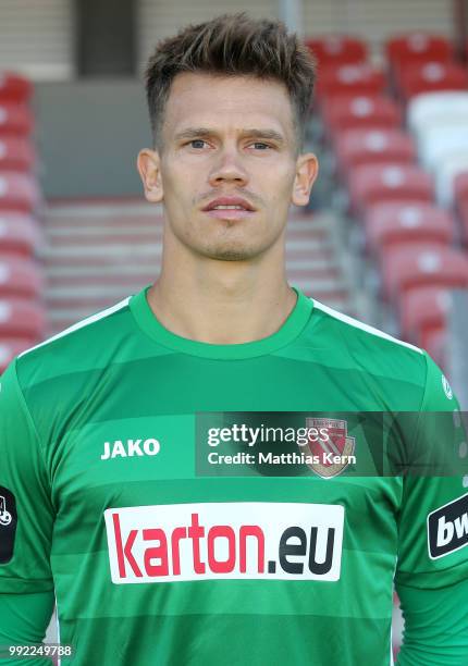 Kevin Rauhut poses during the FC Energie Cottbus team presentation at Stadion der Freundschaft on July 4, 2018 in Cottbus, Germany.