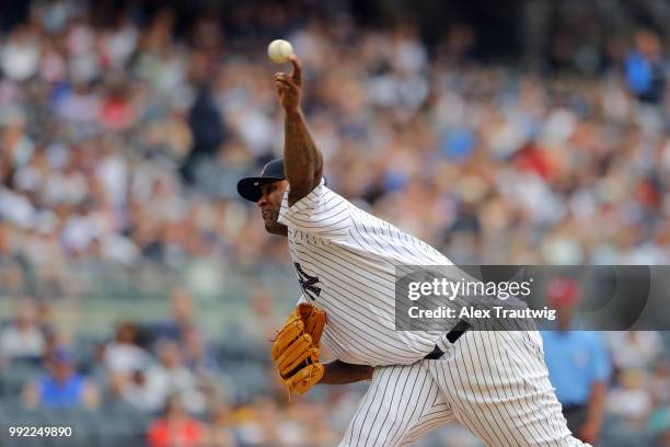 Sabathia of the New York Yankees pitches during a game against the Atlanta Braves at Yankee Stadium on Wednesday, July 4, 2018 in the Bronx borough...