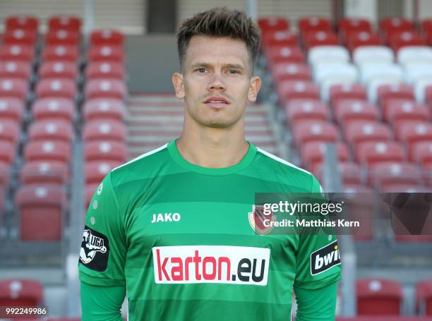 Kevin Rauhut poses during the FC Energie Cottbus team presentation at Stadion der Freundschaft on July 4, 2018 in Cottbus, Germany.