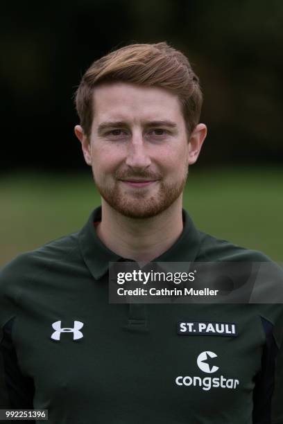 Team manger Jonas Woemmel of FC St. Pauli poses during the team presentation on July 5, 2018 in Hamburg, Germany.