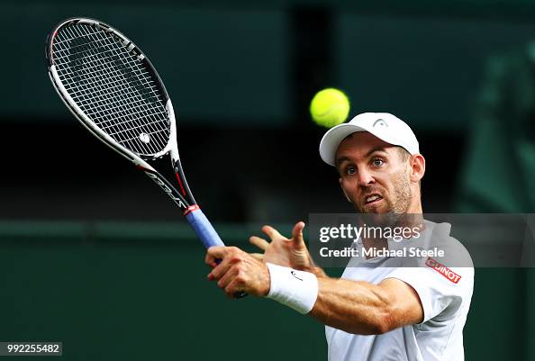 Bradley Klahn Of The United States Returns A Shot Against Kyle Edmund bradley-klahn-of-the-united-states-returns-a-shot-against-kyle-edmund