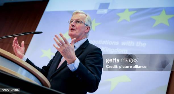 Michel Barnier, European Chief Negotiator for Brexit, addresses economic demands for the Brexit negotiations at the Haus der Wirtschaft during an...