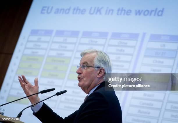 Michel Barnier, European Chief Negotiator for Brexit, addresses economic demands for the Brexit negotiations at the Haus der Wirtschaft during an...