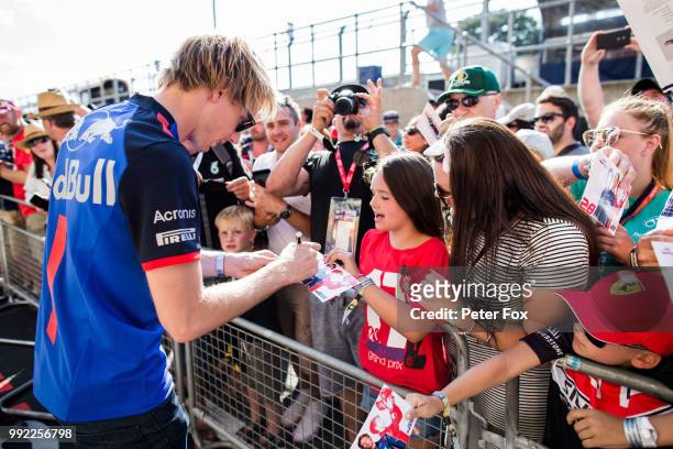 Brendon Hartley of Scuderia Toro Rosso and New Zealand during previews ahead of the Formula One Grand Prix of Great Britain at Silverstone on July 5,...