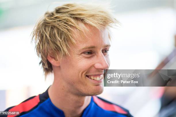 Brendon Hartley of Scuderia Toro Rosso and New Zealand during previews ahead of the Formula One Grand Prix of Great Britain at Silverstone on July 5,...