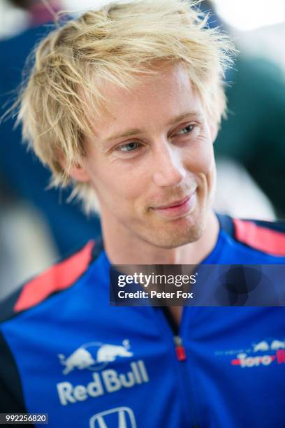 Brendon Hartley of Scuderia Toro Rosso and New Zealand during previews ahead of the Formula One Grand Prix of Great Britain at Silverstone on July 5,...