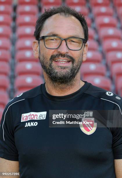 Head coach Claus Dieter Wollitz poses during the FC Energie Cottbus team presentation at Stadion der Freundschaft on July 4, 2018 in Cottbus, Germany.