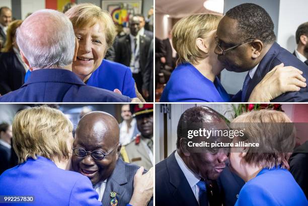 Germany's Chancellor Angela Merkel greets Beji Caid el Sebsi , Macky Sall Alassane Ouattara and Nana Akufo-Addo at the Africa-EU summit in Abidjan,...