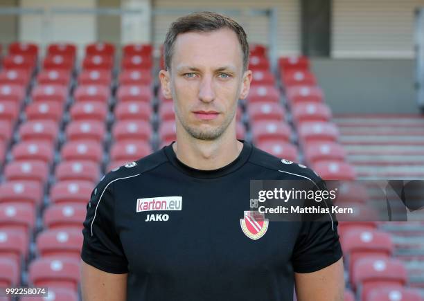 Fitness coach Christopher Busse poses during the FC Energie Cottbus team presentation at Stadion der Freundschaft on July 4, 2018 in Cottbus, Germany.