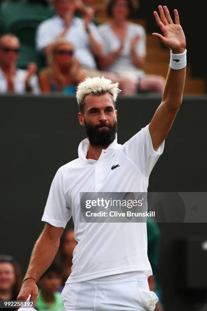 Benoit Paire of France celebrates after defeating Denis Shapovalov of Canada in their Men's Singles second round match on day four of the Wimbledon...