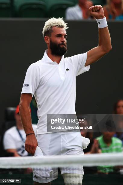 Benoit Paire of France celebrates after defeating Denis Shapovalov of Canada in their Men's Singles second round match on day four of the Wimbledon...