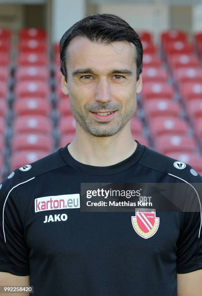 Assistant coach Sebastian Abt poses during the FC Energie Cottbus team presentation at Stadion der Freundschaft on July 4, 2018 in Cottbus, Germany.