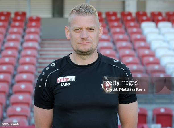 Physiotherapist Oliver Krautz poses during the FC Energie Cottbus team presentation at Stadion der Freundschaft on July 4, 2018 in Cottbus, Germany.