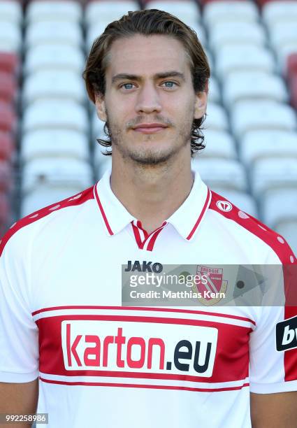 Daniel Stanese poses during the FC Energie Cottbus team presentation at Stadion der Freundschaft on July 4, 2018 in Cottbus, Germany.