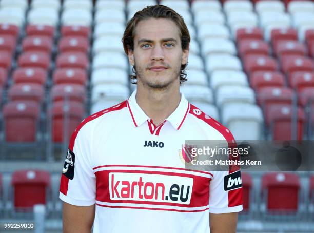 Daniel Stanese poses during the FC Energie Cottbus team presentation at Stadion der Freundschaft on July 4, 2018 in Cottbus, Germany.