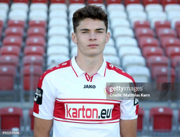 Moritz Broschinski poses during the FC Energie Cottbus team presentation at Stadion der Freundschaft on July 4, 2018 in Cottbus, Germany.