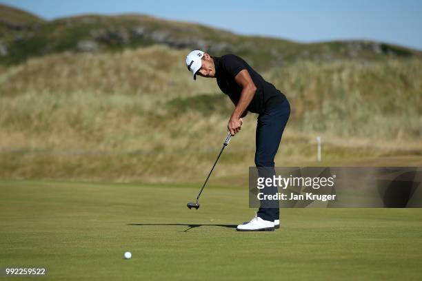 Joakim Lagergren of Sweden putts on the 8th hole during day one of the Dubai Duty Free Irish Open at Ballyliffin Golf Club on July 5, 2018 in...