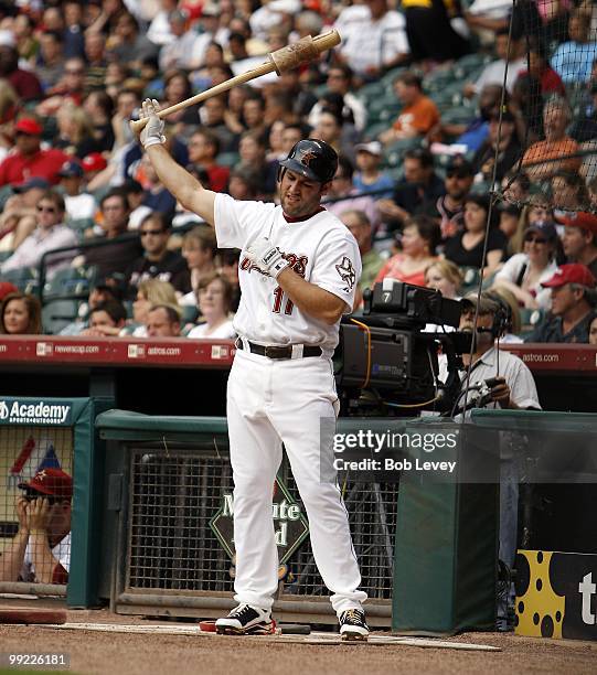 Lance Berkman of the Houston Astros bats during a baseball game between the San Diego Padres and Houston Astros at Minute Maid Park on May 8, 2010 in...