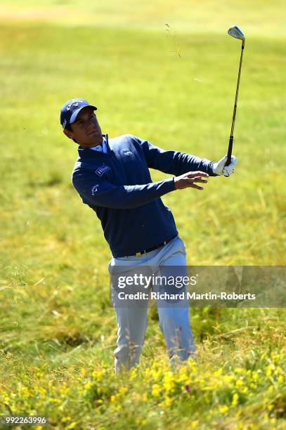 Matteo Manassero of Italy hits his second shot on the 18th hole during day one of the Dubai Duty Free Irish Open at Ballyliffin Golf Club on July 5,...