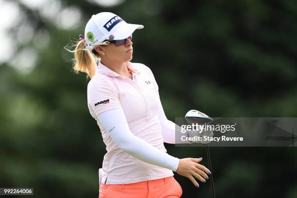 Jodi Ewart Shadoff of England hits her tee shot on the seventh hole during the first round of the Thornberry Creek LPGA Classic at Thornberry Creek...
