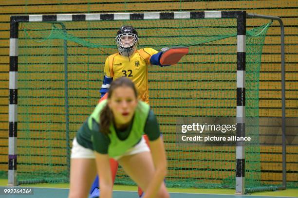 Chantal Bausch practices as goalkeeper with her team at a sports centre of the 'Club zur Vahr' in Bremen, Germany, 28 November 2017. The young...