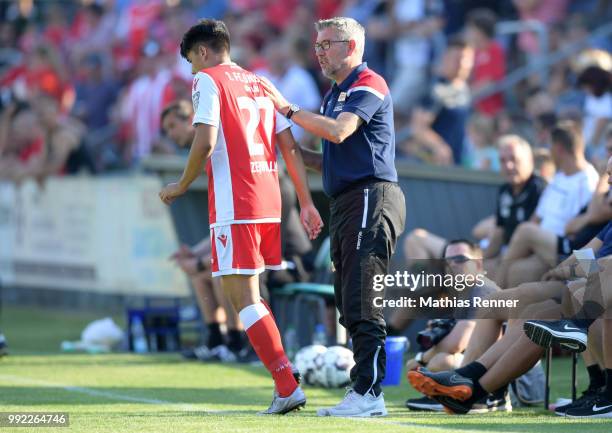 Eroll Zejnullahu and coach Urs Fischer of 1 FC Union Berlin Anweisungen during the test match between dem FSV Union Fuerstenwalde and Union Berlin at...