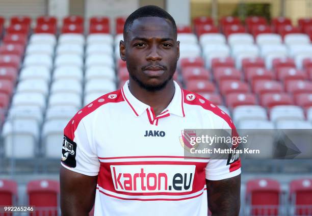 Streli Mamba poses during the FC Energie Cottbus team presentation at Stadion der Freundschaft on July 4, 2018 in Cottbus, Germany.