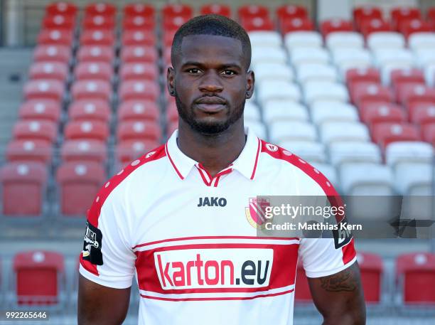 Jose Junior Matuwila poses during the FC Energie Cottbus team presentation at Stadion der Freundschaft on July 4, 2018 in Cottbus, Germany.