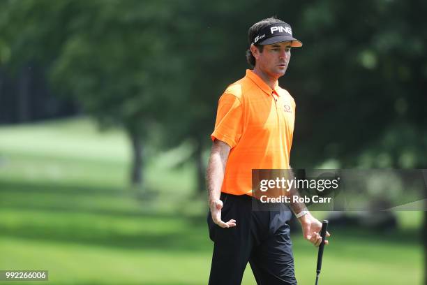 Bubba Watson reacts to missed birdie putt on the sixth hole during round one of A Military Tribute At The Greenbrier held at the Old White TPC course...