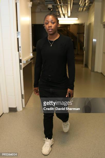 Alexis Jones of the Minnesota Lynx arrives at the stadium before the game against the Indiana Fever on July 3, 2018 at Target Center in Minneapolis,...
