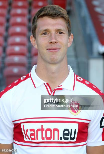 Lasse Schlueter poses during the FC Energie Cottbus team presentation at Stadion der Freundschaft on July 4, 2018 in Cottbus, Germany.