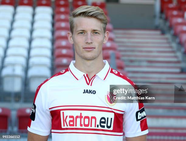 Malte Karbstein poses during the FC Energie Cottbus team presentation at Stadion der Freundschaft on July 4, 2018 in Cottbus, Germany.