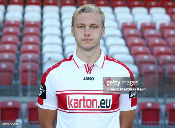 Philipp Knechtel poses during the FC Energie Cottbus team presentation at Stadion der Freundschaft on July 4, 2018 in Cottbus, Germany.