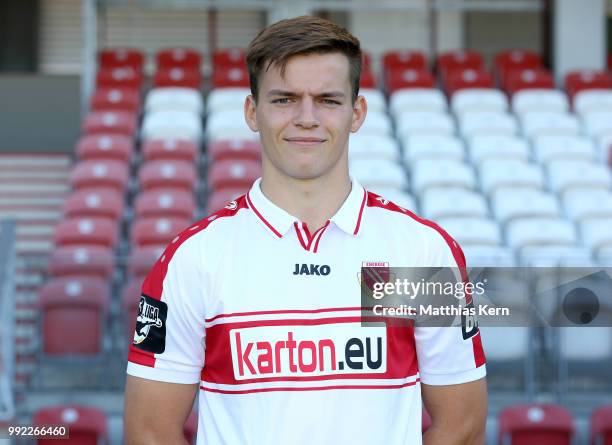 Max Grundmann poses during the FC Energie Cottbus team presentation at Stadion der Freundschaft on July 4, 2018 in Cottbus, Germany.