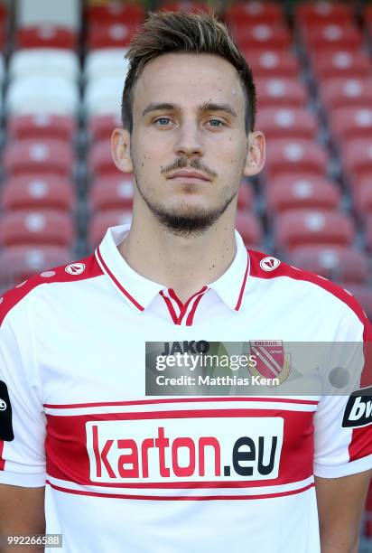 Paul Gehrmann poses during the FC Energie Cottbus team presentation at Stadion der Freundschaft on July 4, 2018 in Cottbus, Germany.