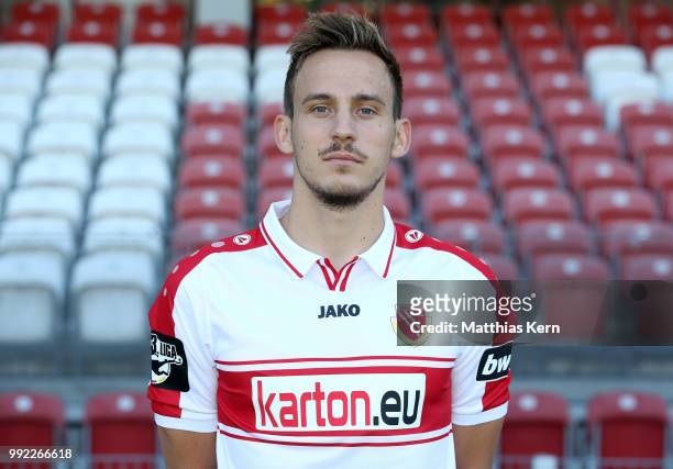 Paul Gehrmann poses during the FC Energie Cottbus team presentation at Stadion der Freundschaft on July 4, 2018 in Cottbus, Germany.