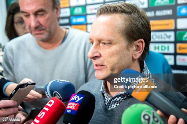 Hannover 96's sports director, Horst Heldt, speaking to the media during a press conference by the club in the HDI Arena in Hanover, Germany, 30...