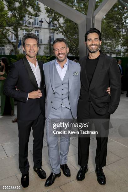 Ian Bohen, Eric Muscatell and Tyler Hoechlin attend the amfAR Paris Dinner at The Peninsula Hotel on July 4, 2018 in Paris, France.