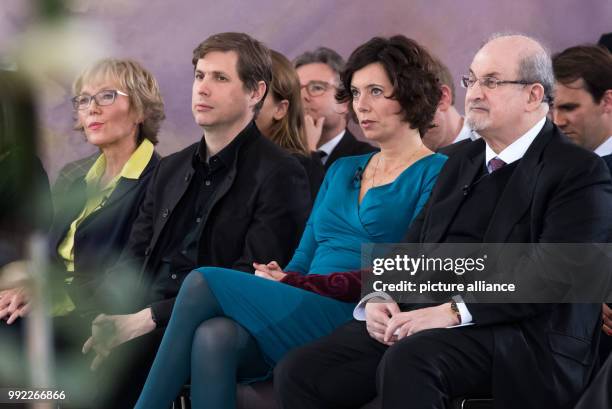 Writers Salman Rushdie , Eva Menasse and Daniel Kehlmann sitting in front row ahead of a discussion event of the "Forum Bellevue" series entitled...