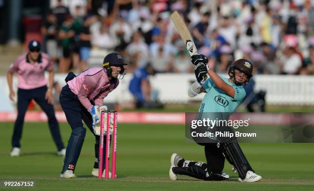 Sam Curran of Surrey hits a six during the Middlesex v Surrey Vitality T20 Blast match at Lord's Cricket Ground on July 5, 2018 in London, England.