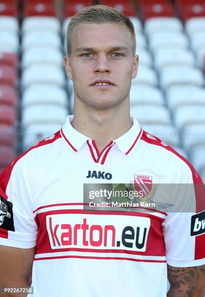 Jonas Zickert poses during the FC Energie Cottbus team presentation at Stadion der Freundschaft on July 4, 2018 in Cottbus, Germany.