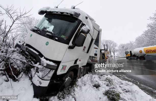 Truck photographed in a ditch along the B31 highway near Hinterzarten, Germany, 30 November 2017. The driver couldn't prevent the vehicle from...