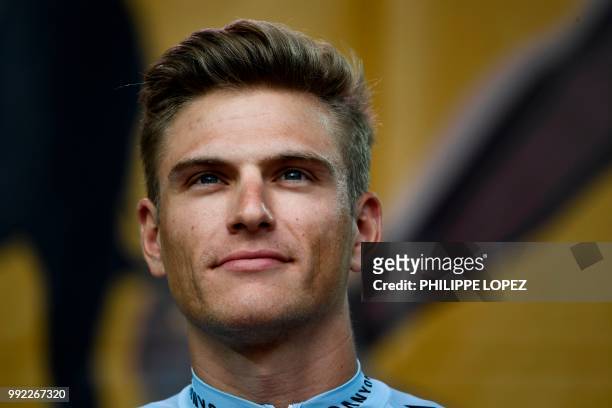 Germany's Marcel Kittel of Switzerland's Katusha Alpecin cycling team stands on stage during the team presentation ceremony on July 5, 2018 in La...